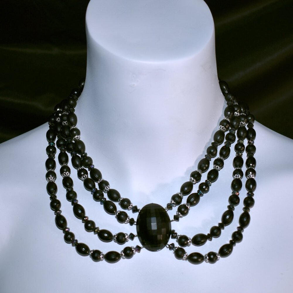 Vintage Black Beaded Bib Multi Strand Necklace made in West Germany